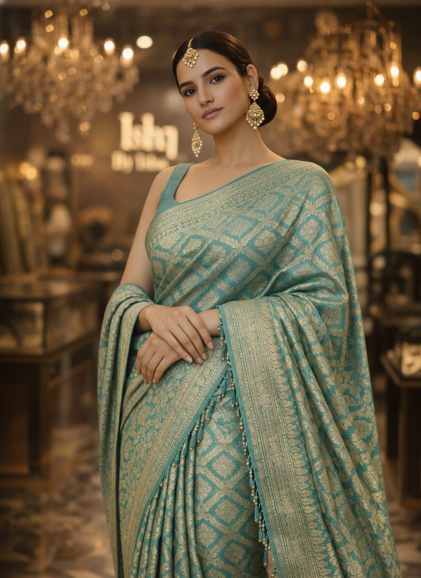 Exquisite green Silk Banarasi Saree Handwoven Elegance. Fall and Pico done