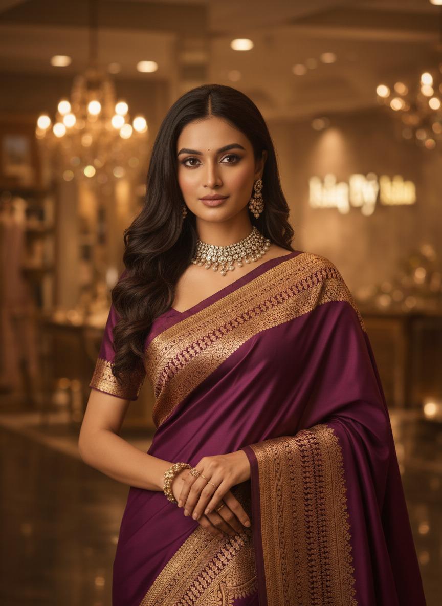 Exquisite Purple Banarasi Saree Handwoven Elegance. Fall and Pico done