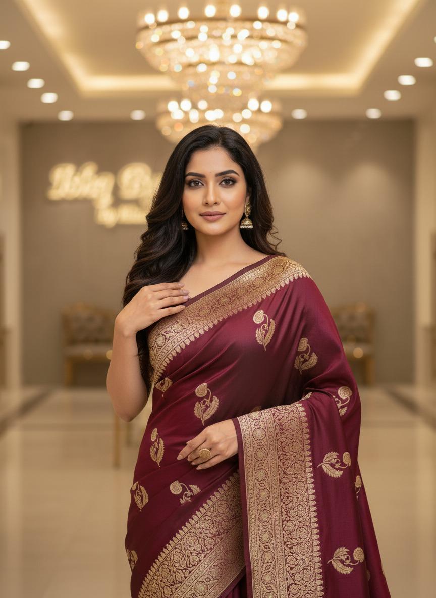 Exquisite Purple Banarasi Saree Handwoven Elegance. Fall and Pico done