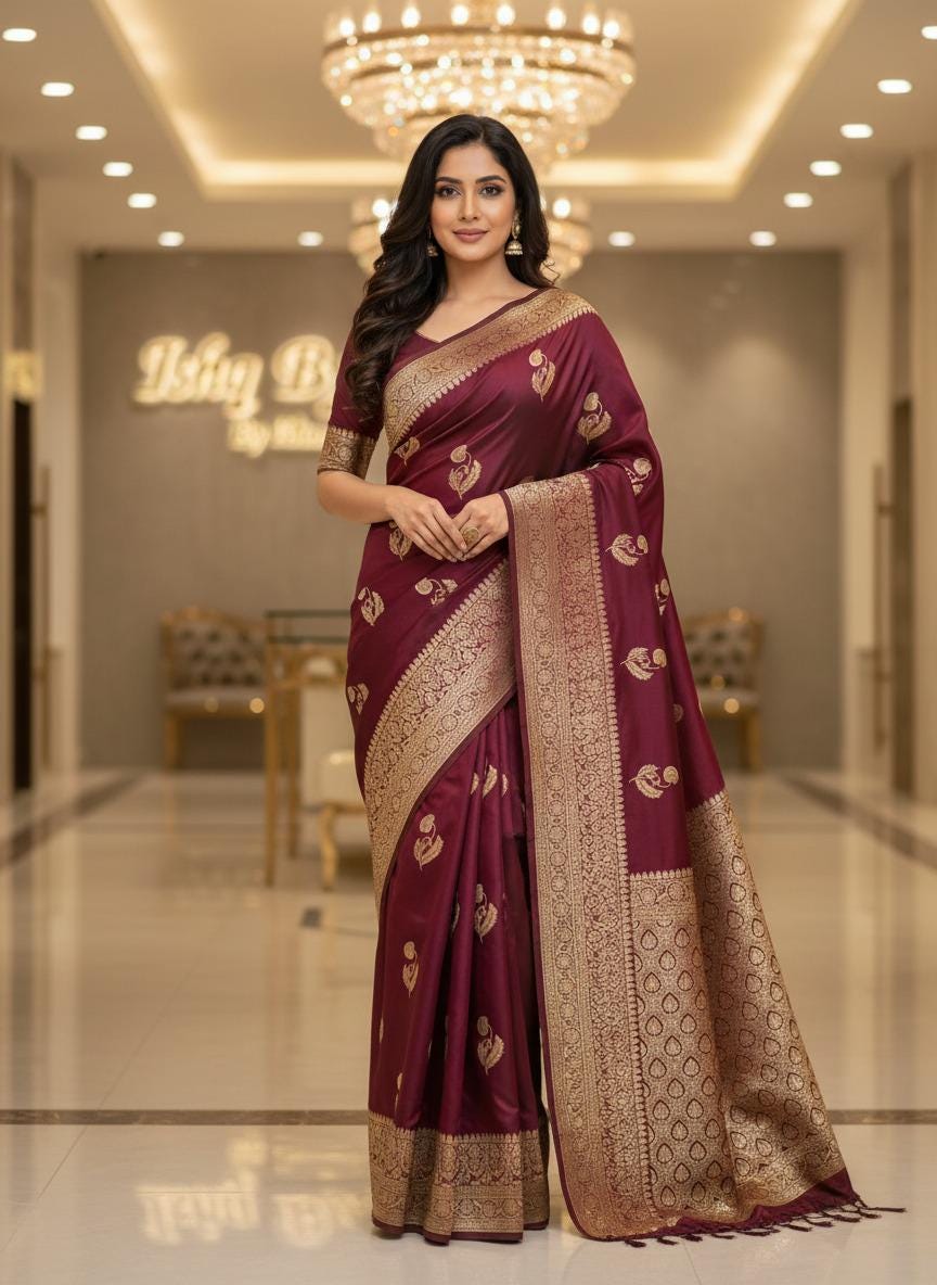Exquisite Purple Banarasi Saree Handwoven Elegance. Fall and Pico done