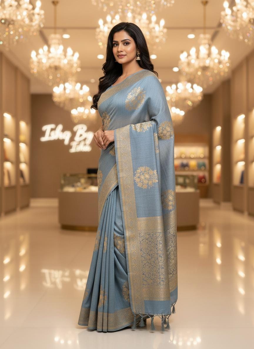 Greyish Blue Banarasi Saree