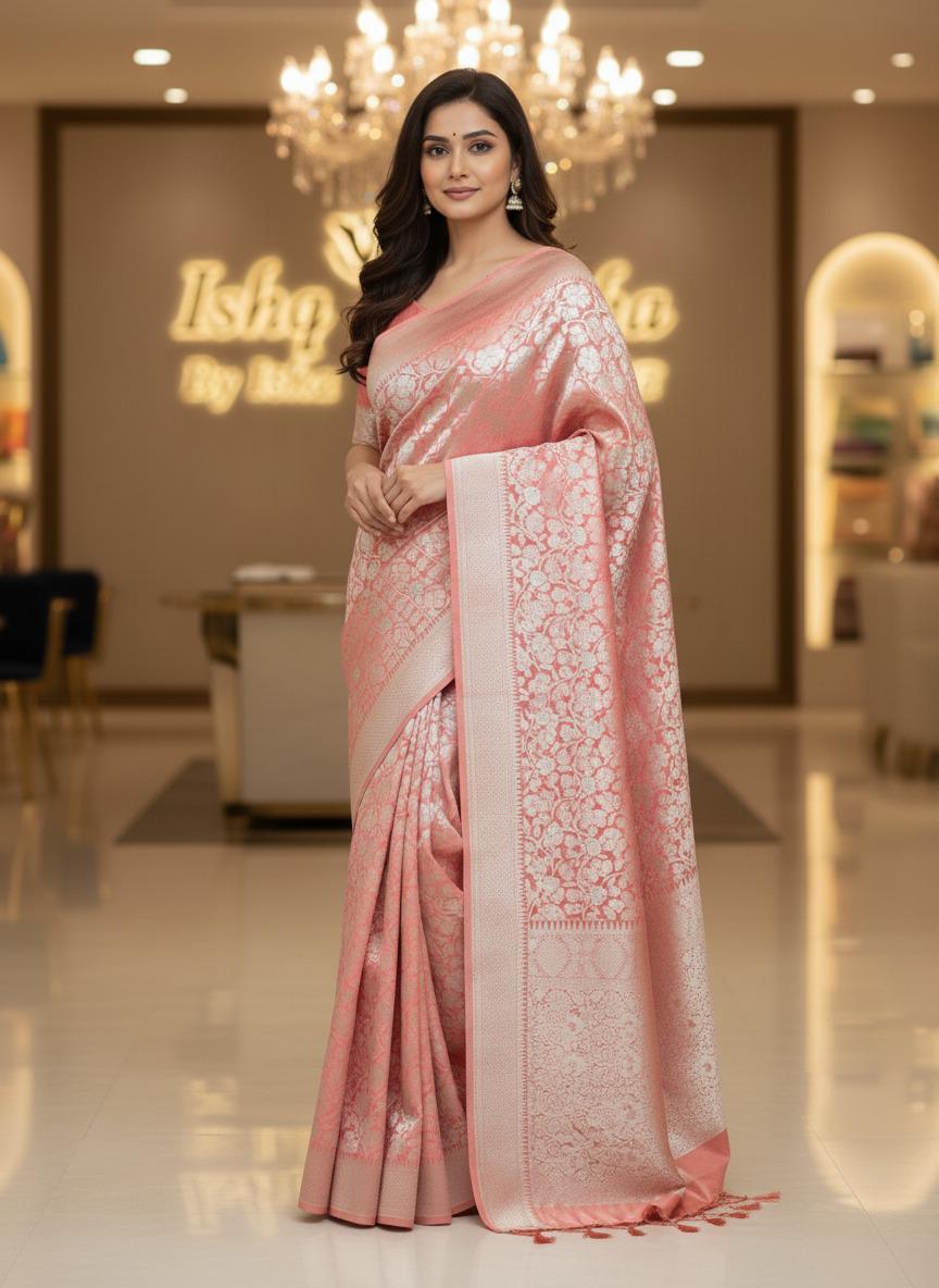 Handwoven Banarasi Saree | Orange Zari Weave, Wedding Festive Wear