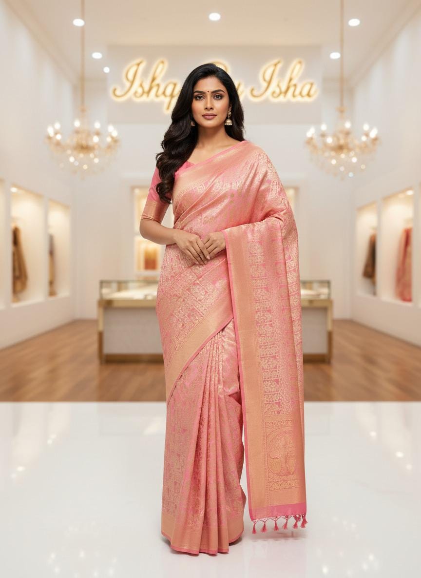 Dazzling Hot peach Pink Banarasi Silk Saree with Golden Zari Border: Elevate Your Elegance