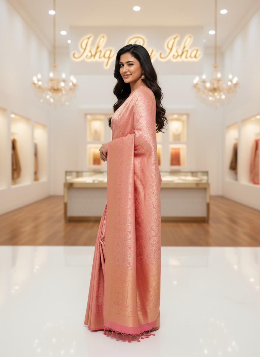 Dazzling Hot peach Pink Banarasi Silk Saree with Golden Zari Border: Elevate Your Elegance