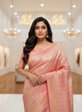 Dazzling Hot peach Pink Banarasi Silk Saree with Golden Zari Border: Elevate Your Elegance