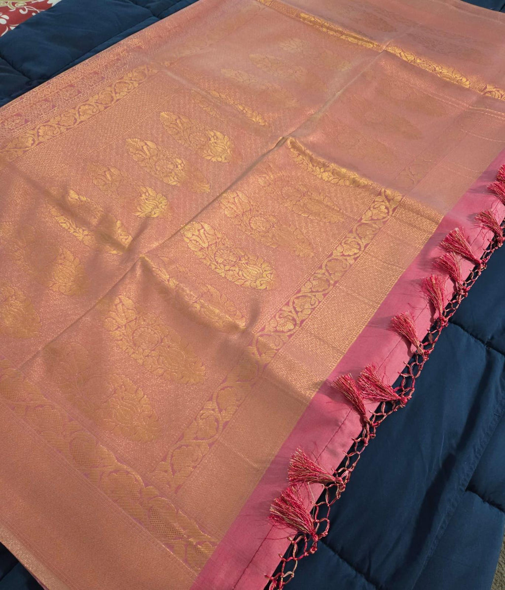 Dazzling Hot peach Pink Banarasi Silk Saree with Golden Zari Border: Elevate Your Elegance