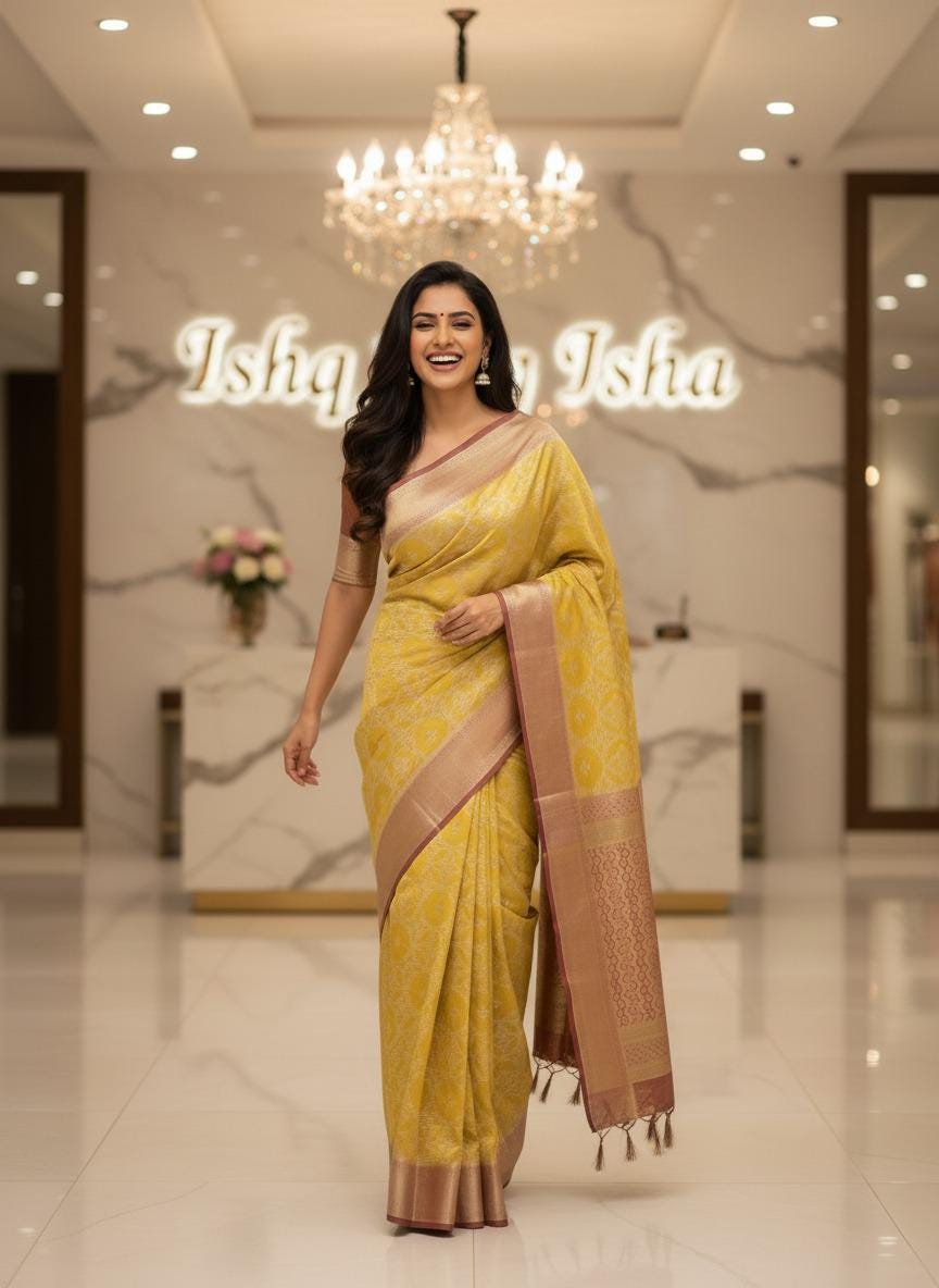Yellow red Tissue Banarasi Saree – Handwoven Elegance | Ishq by Isha