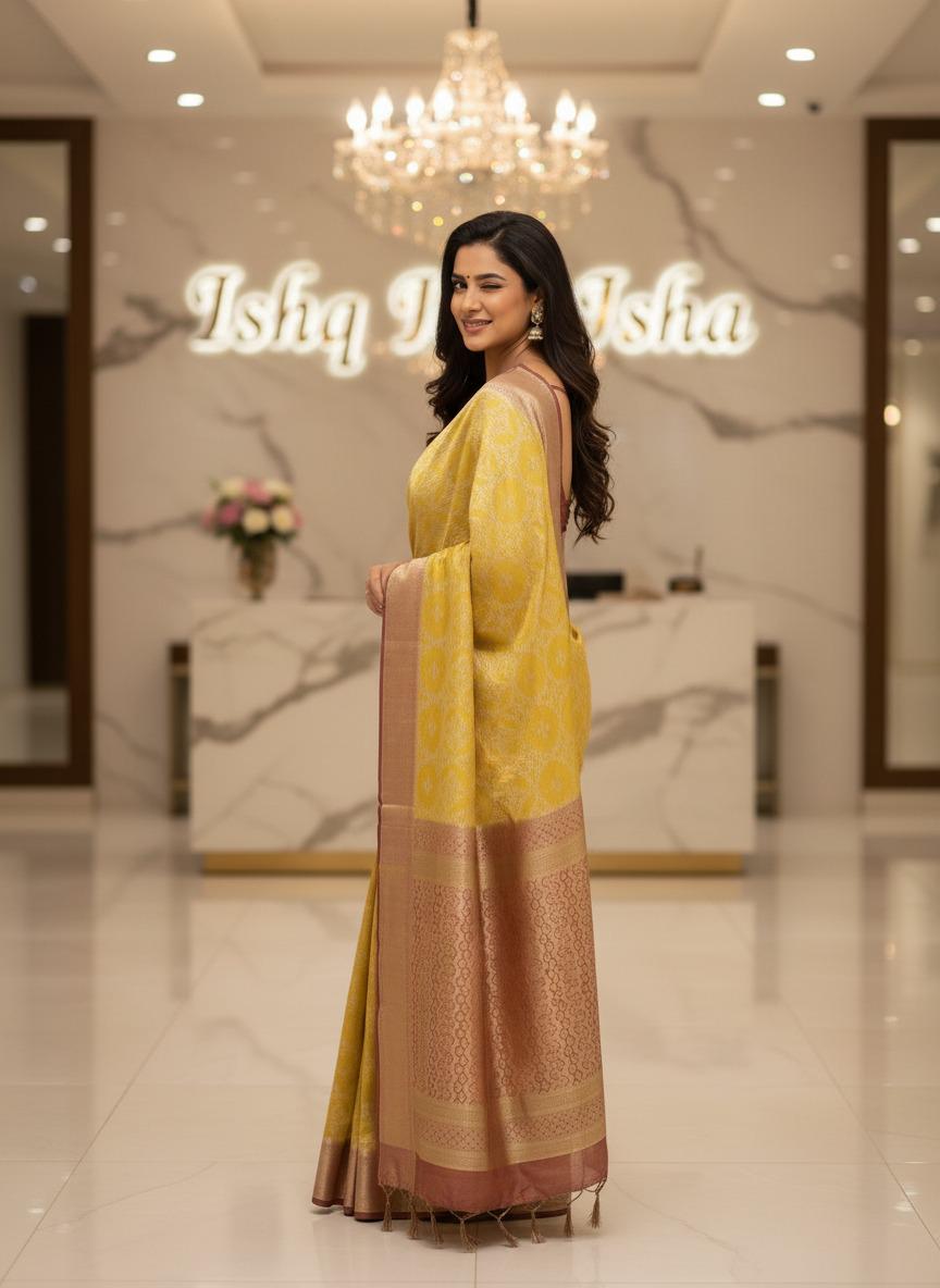 Yellow red Tissue Banarasi Saree – Handwoven Elegance | Ishq by Isha