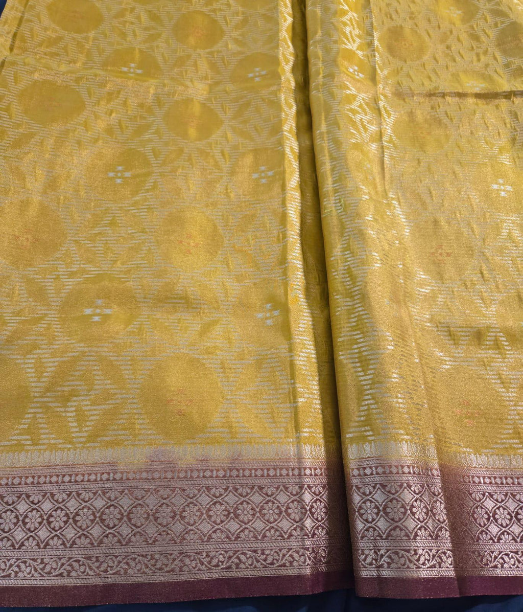 Yellow red Tissue Banarasi Saree – Handwoven Elegance | Ishq by Isha