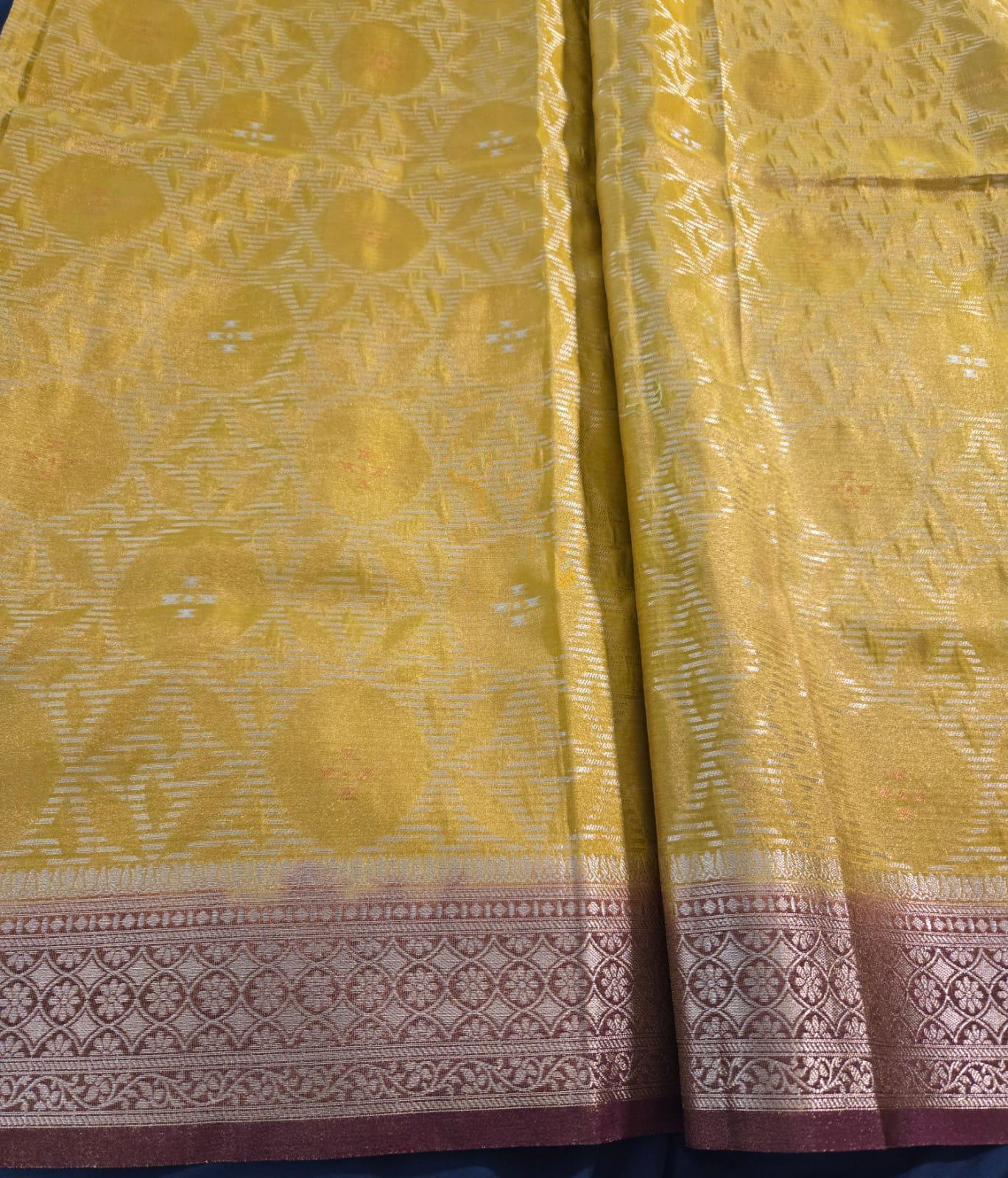 Yellow red Tissue Banarasi Saree – Handwoven Elegance | Ishq by Isha