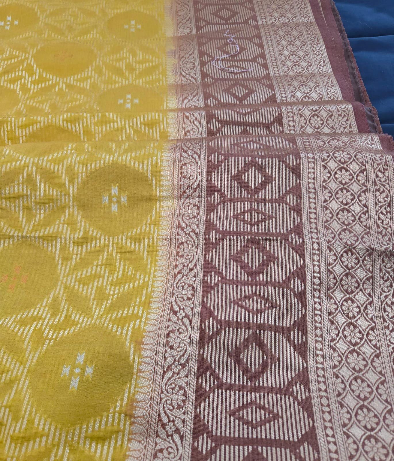 Yellow red Tissue Banarasi Saree – Handwoven Elegance | Ishq by Isha