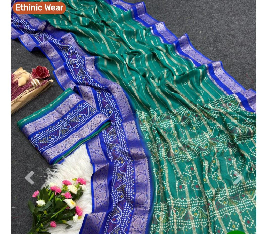 Green Blue Bandhani Silk Saree | Traditional Zari Work Festive Wear