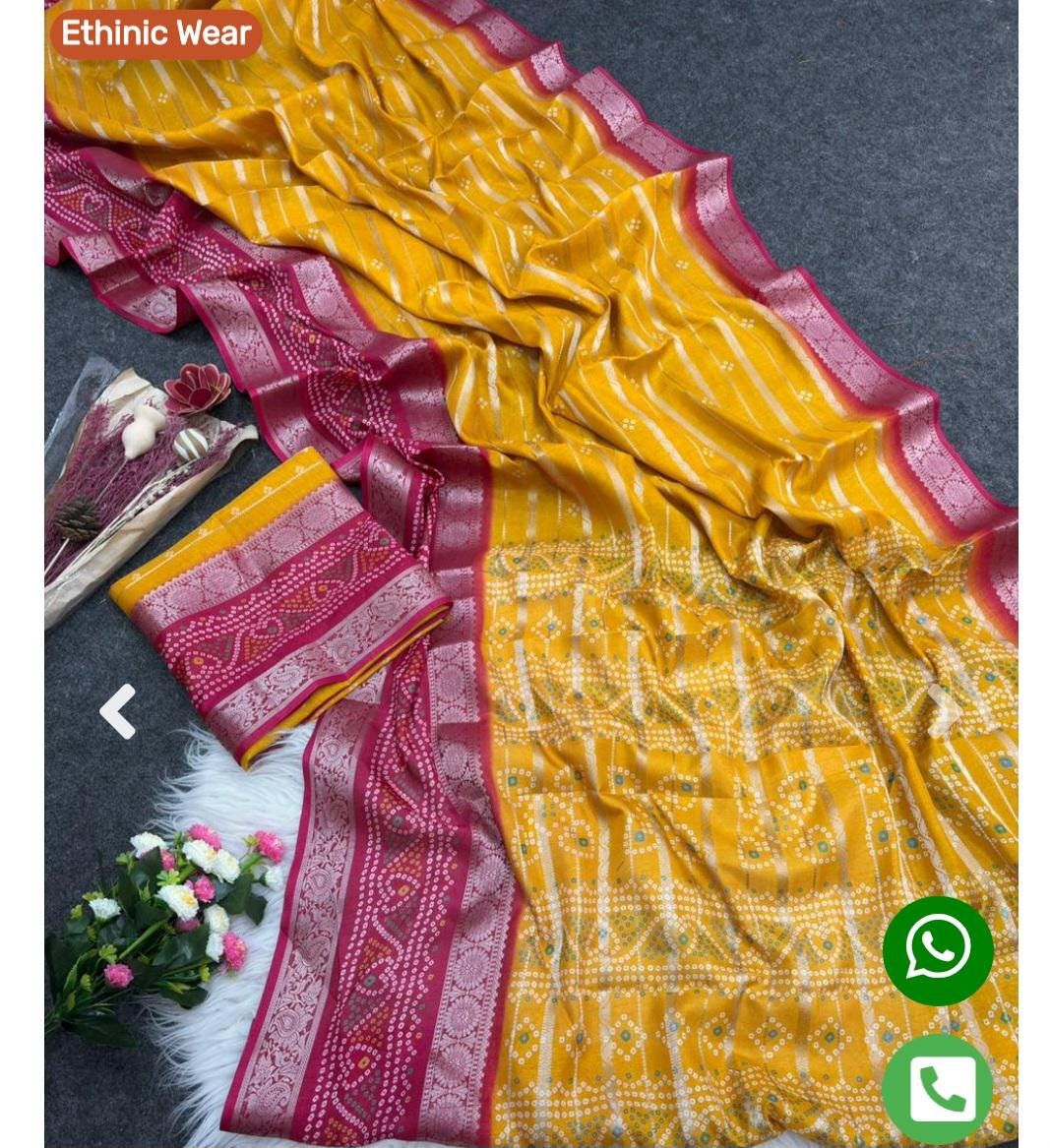 Yellow Pink Bandhani Silk Saree | Traditional Zari Work Festive Wear