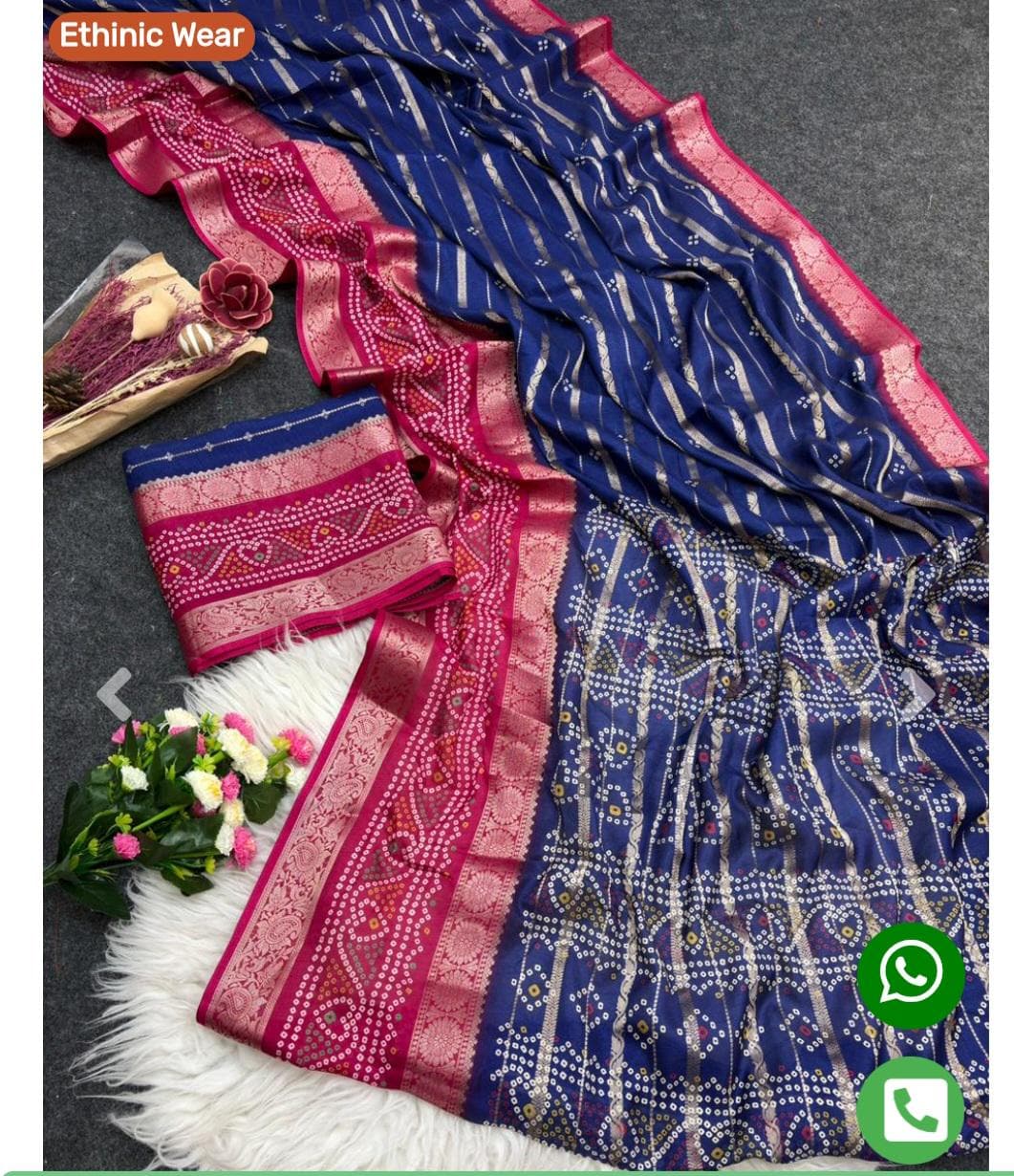 Pink Blue Bandhani Silk Saree with Zari Work | Festive Wedding Ethnic Wear