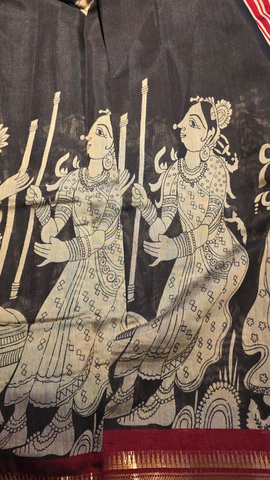 Kalamkari Inspired Cotton Saree with Zari Border, Ethnic Indian Saree, Running Blouse