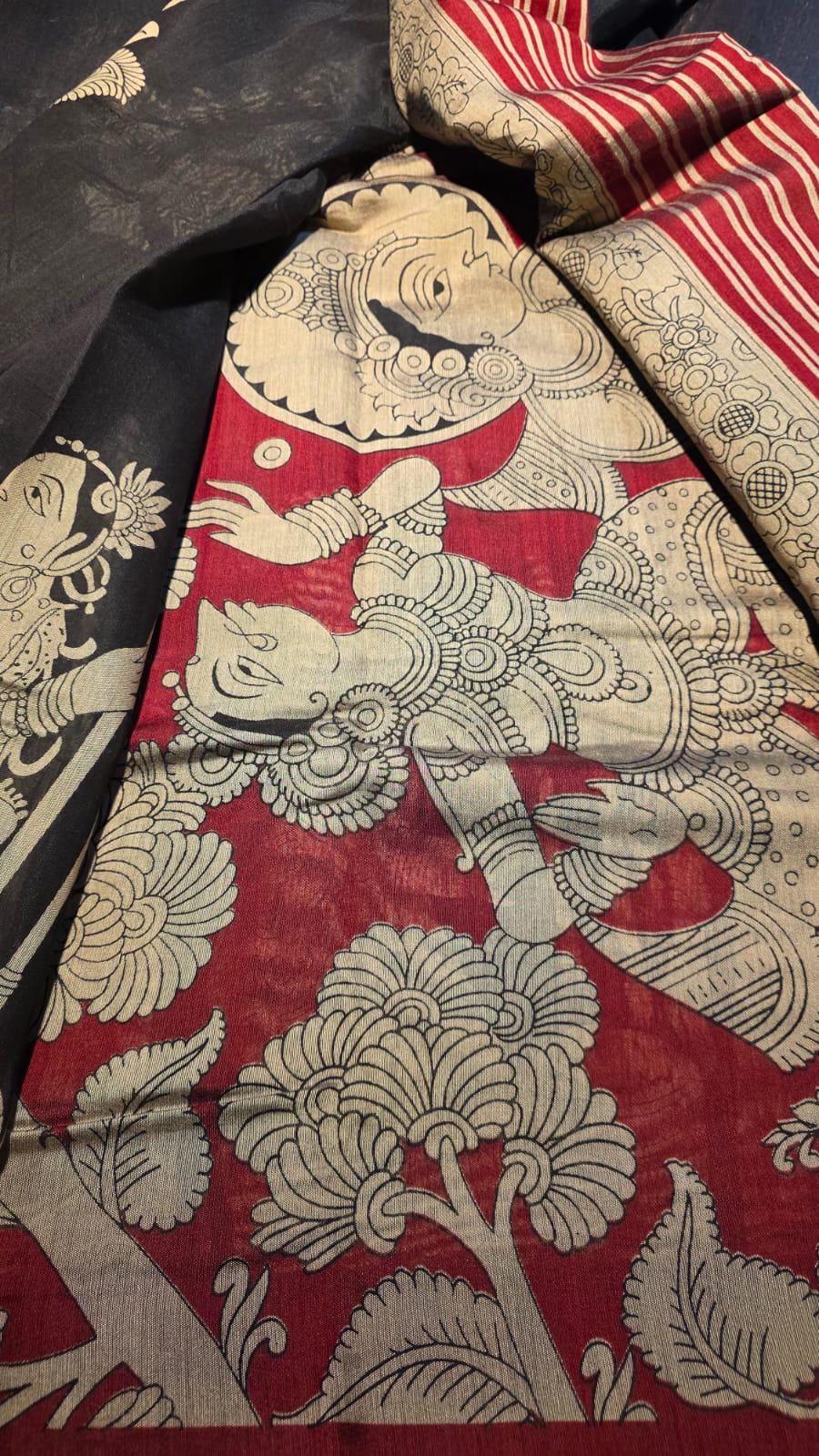 Kalamkari Inspired Cotton Saree with Zari Border, Ethnic Indian Saree, Running Blouse