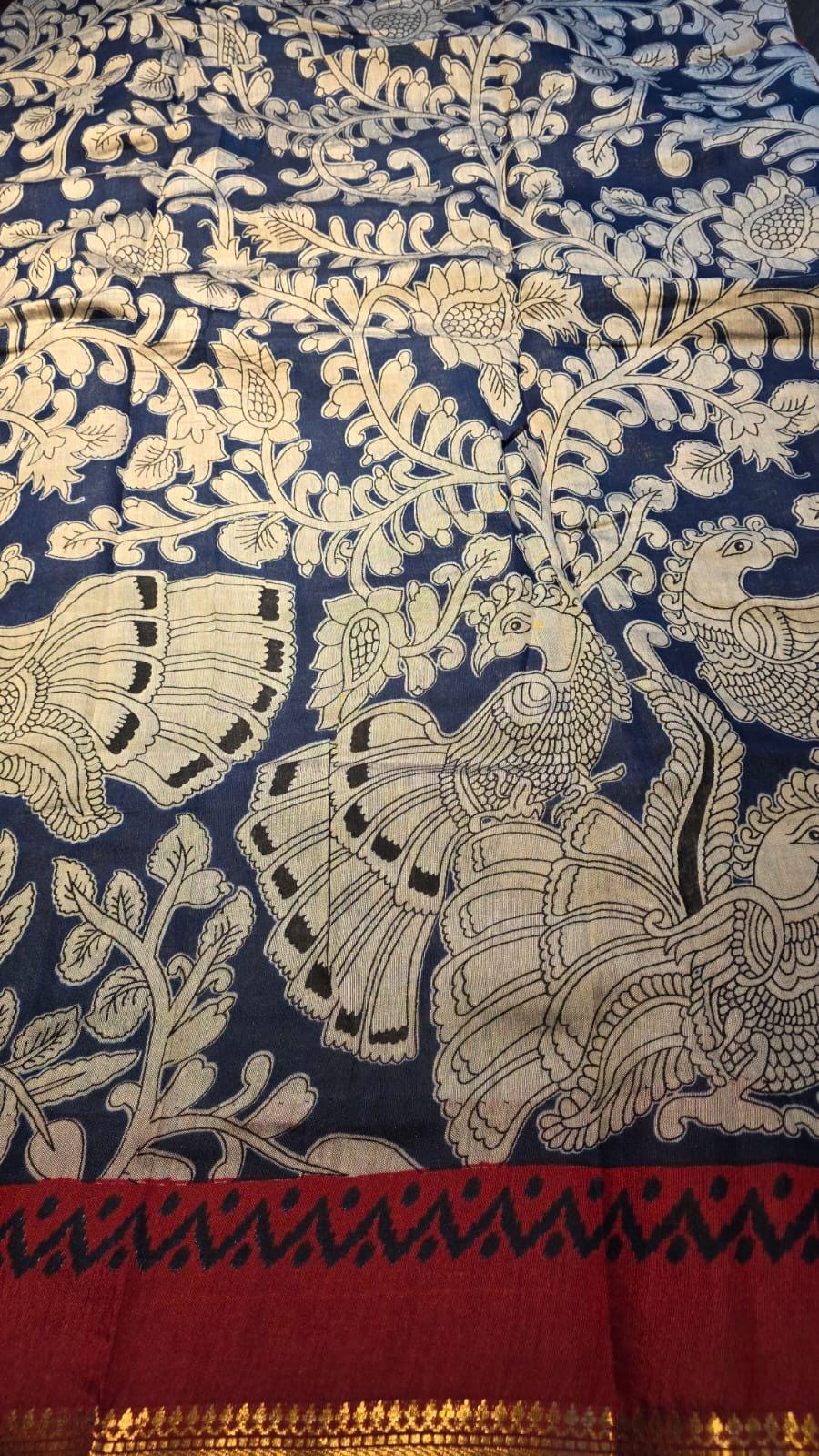 Kalamkari Inspired Cotton Saree with Zari Border, Running Blouse Piece