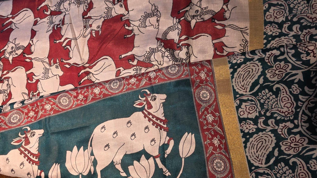 Kalamkari Inspired Cotton Saree with Zari Border, Running Blouse Piece