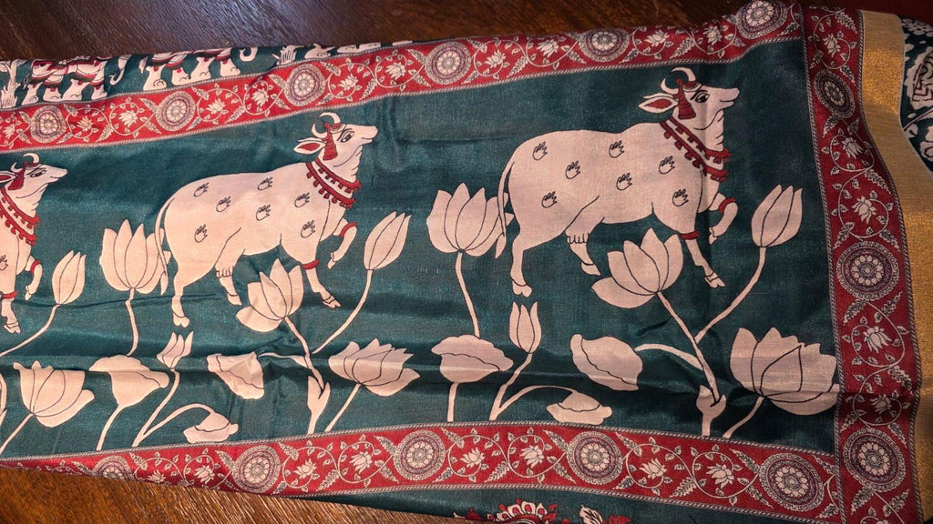 Kalamkari Inspired Cotton Saree with Zari Border, Running Blouse Piece