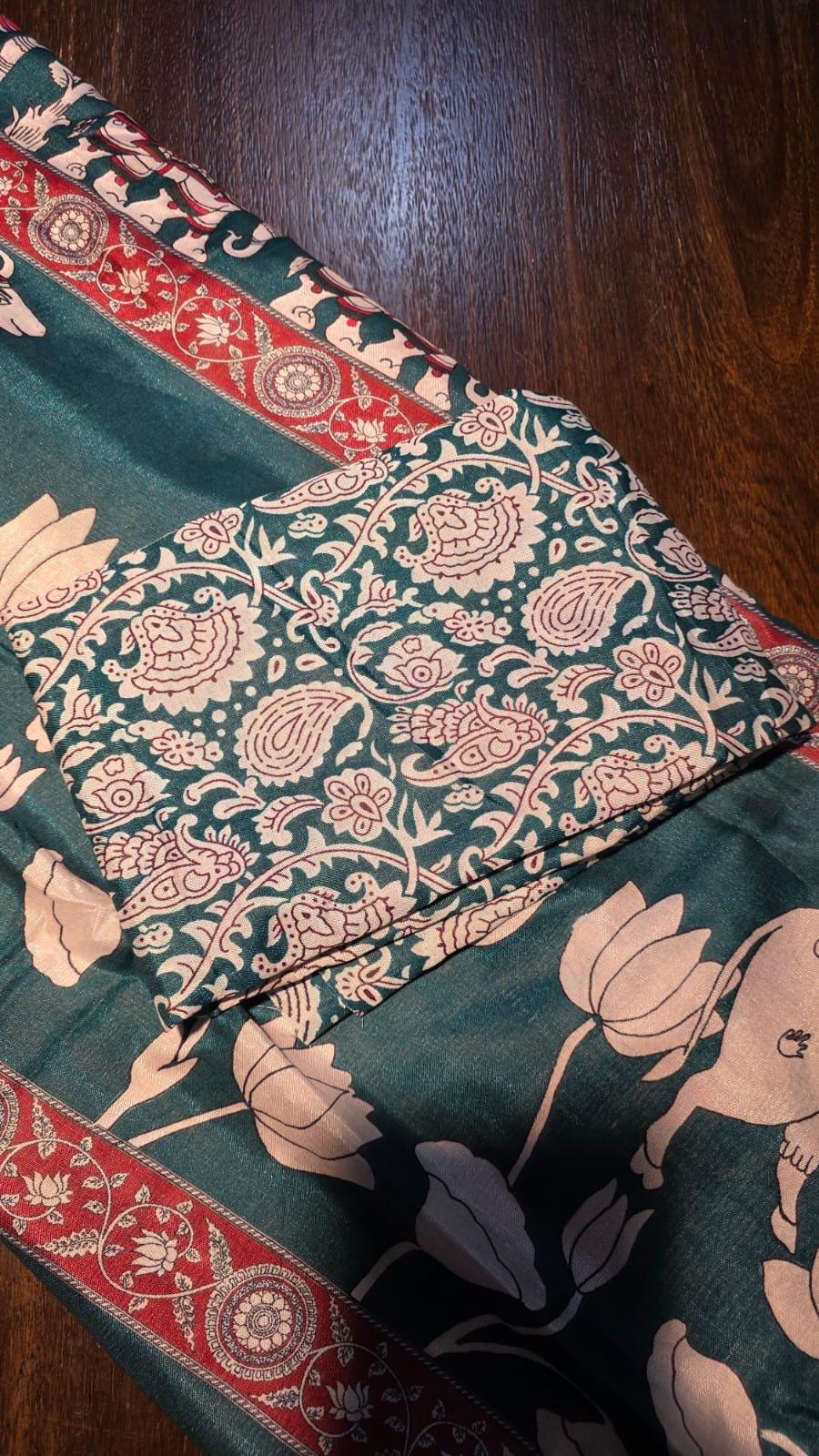 Kalamkari Inspired Cotton Saree with Zari Border, Running Blouse Piece