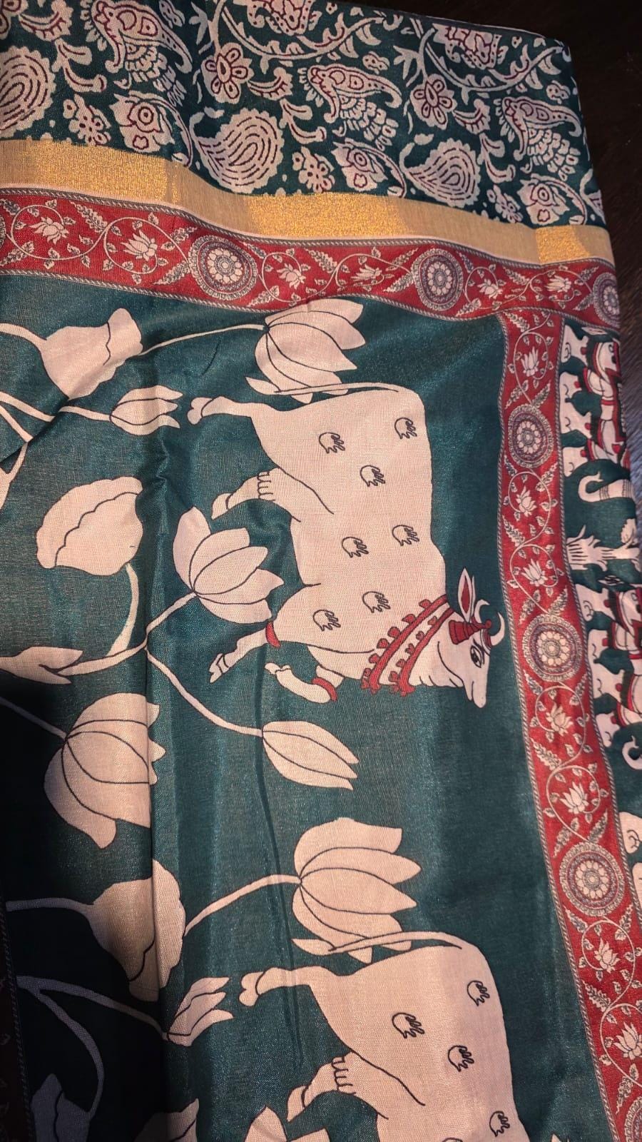 Kalamkari Inspired Cotton Saree with Zari Border, Running Blouse Piece