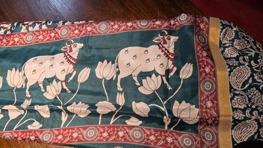 Kalamkari Inspired Cotton Saree with Zari Border, Running Blouse Piece