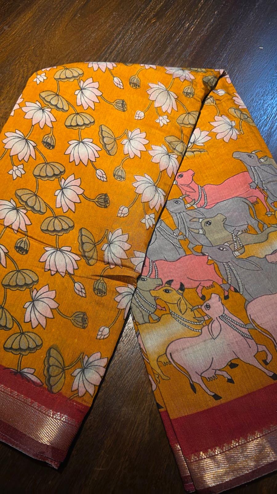 Pichwai Kalamkari Cotton Saree with Zari Border, Running Blouse Piece