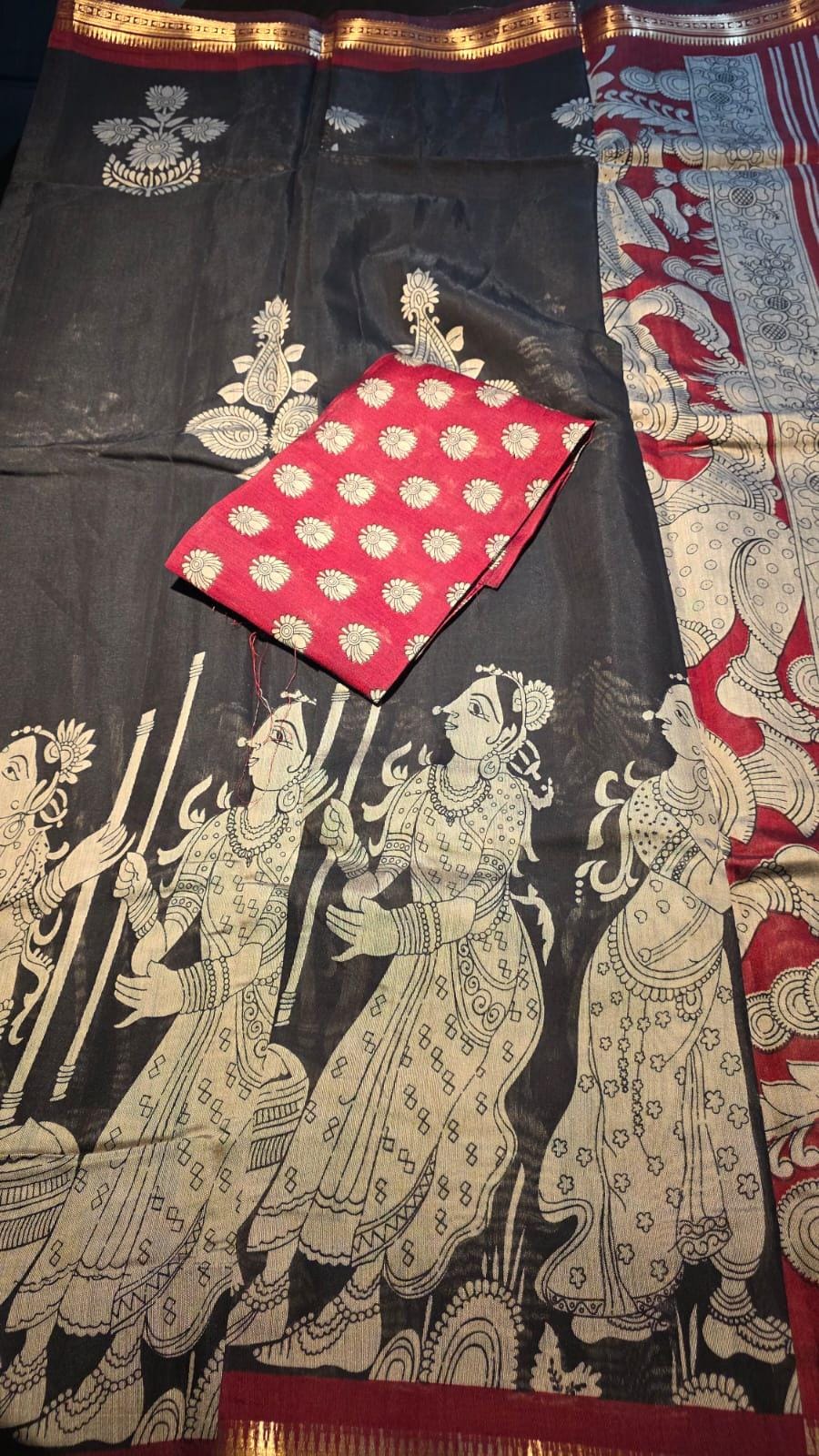 Kalamkari Inspired Cotton Saree with Zari Border, Ethnic Indian Saree, Running Blouse