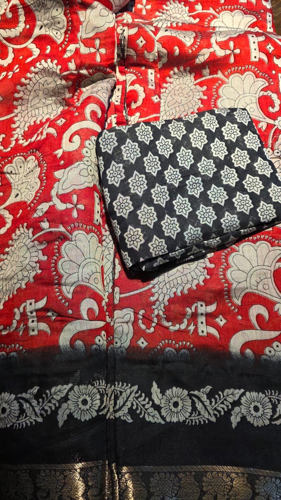 Kalamkari Inspired Cotton Saree with Zari Border, Running Blouse Piece