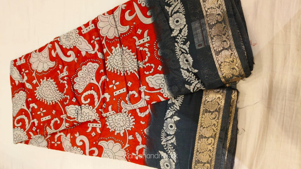 Kalamkari Inspired Cotton Saree with Zari Border, Running Blouse Piece