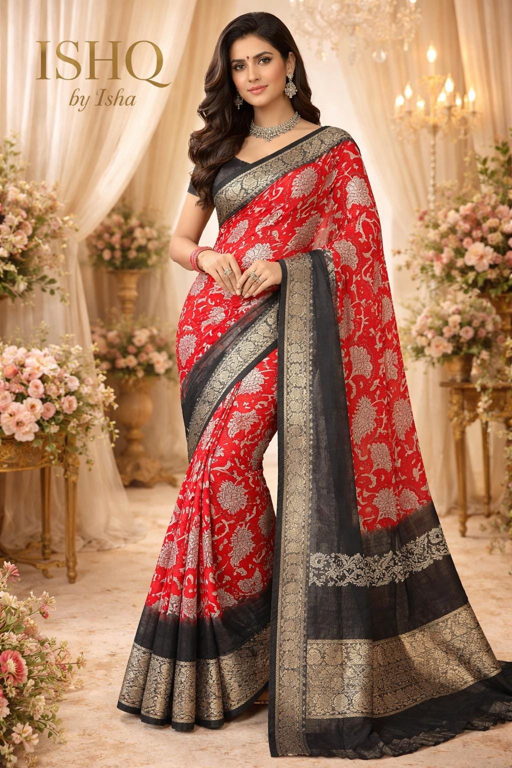 Kalamkari Inspired Cotton Saree with Zari Border, Running Blouse Piece