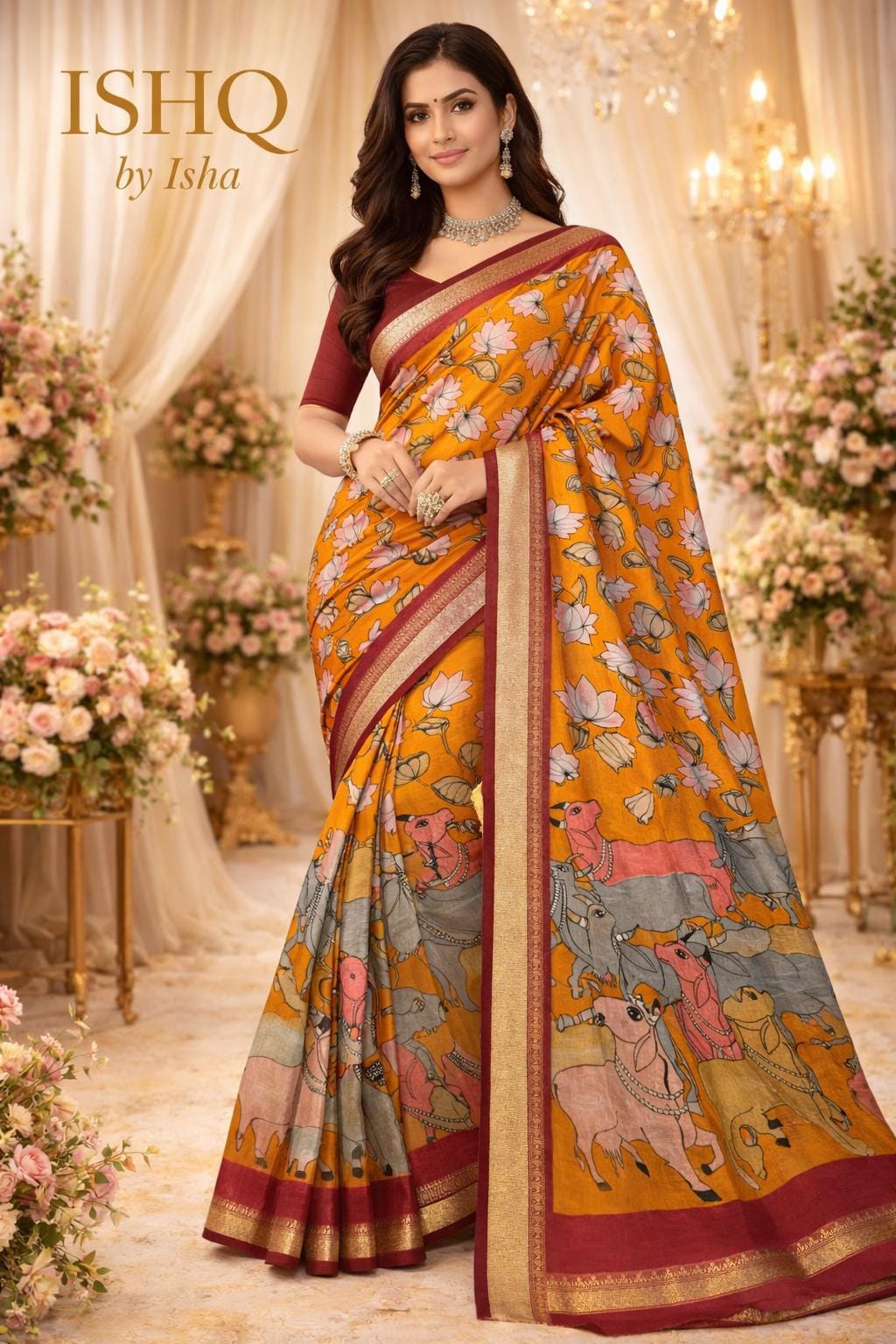 Pichwai Kalamkari Cotton Saree with Zari Border, Running Blouse Piece