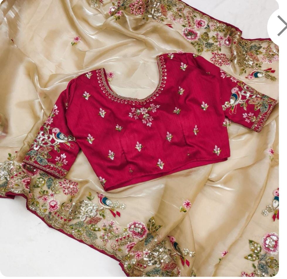 Beige Saree with Thread and Sequence Work, Ready-Made Blouse