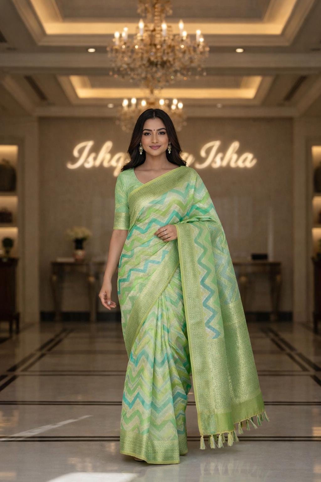 Handmade Khadi Georgette Banarasi Silk Saree - Green blue