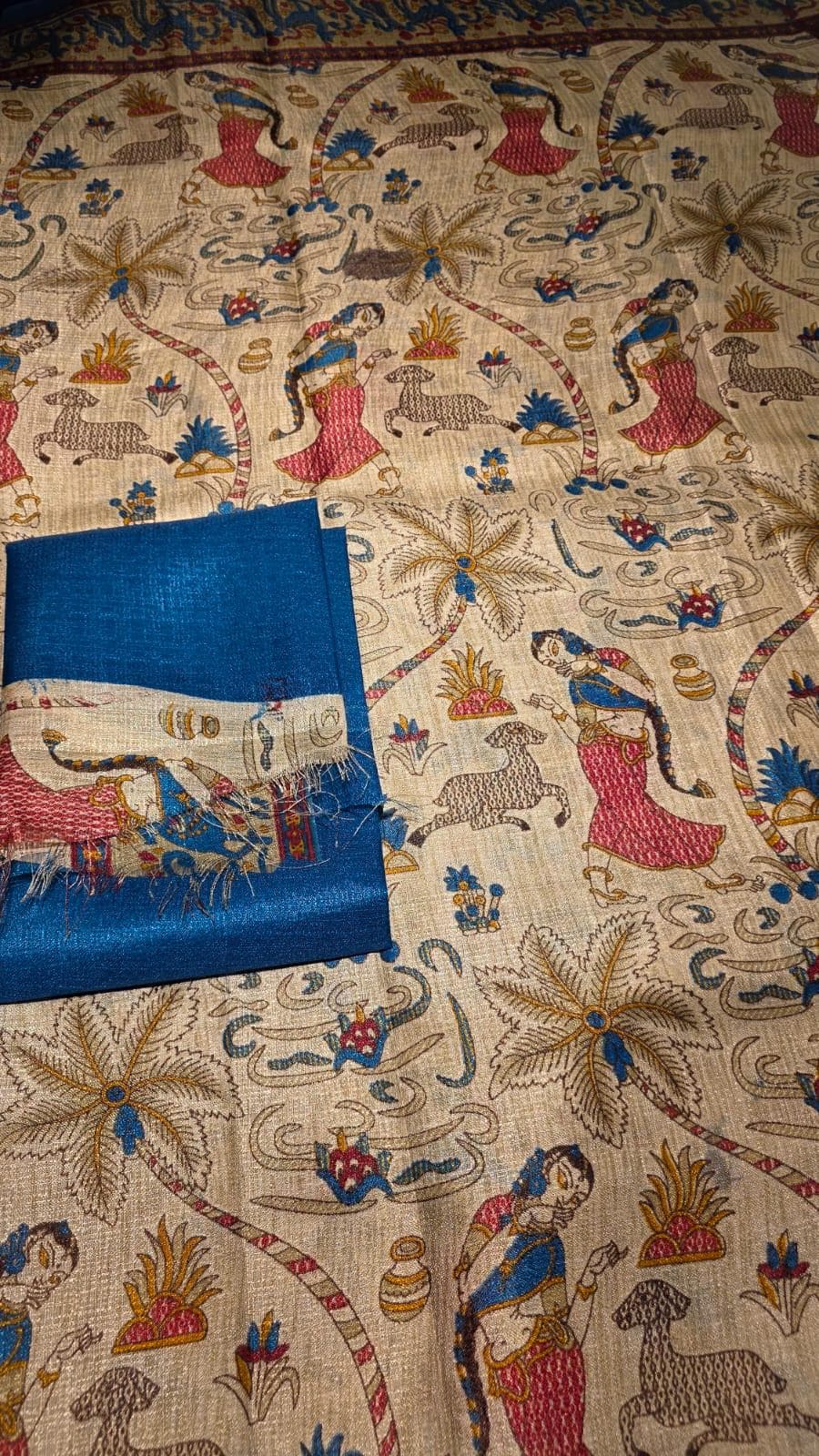 Kalamkari Inspired Dola Silk Saree with Zari Border, Running Blouse Piece