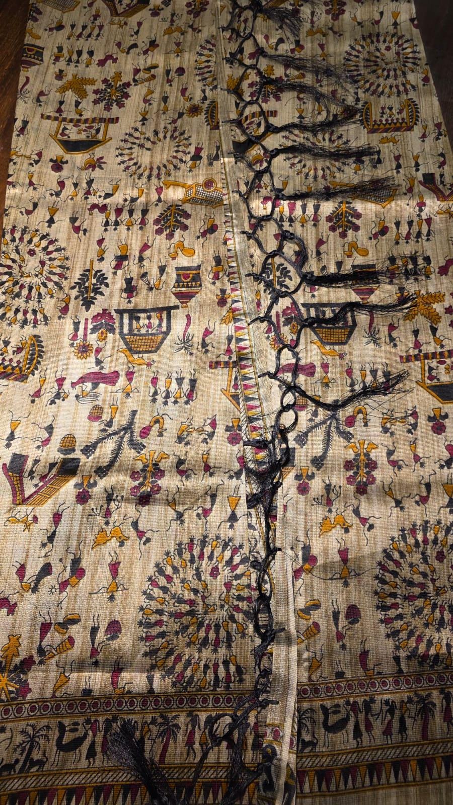 Soft Silk Saree with Madhubani Print | Beige, Blue, Green Ethnic Motifs | Indian Wear Blouse