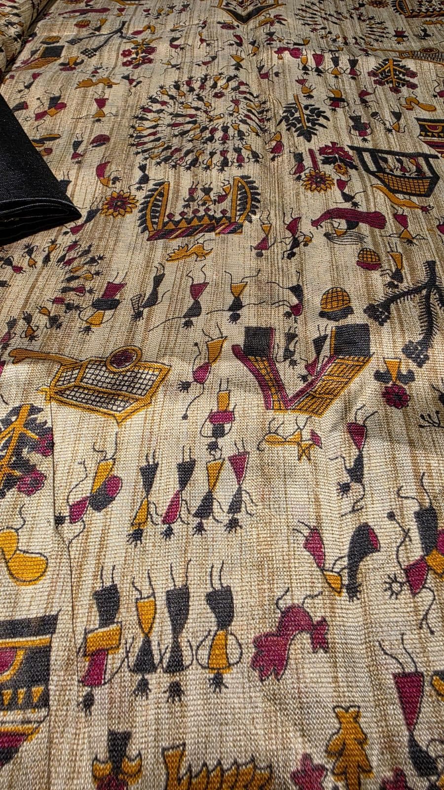 Soft Silk Saree with Madhubani Print | Beige, Blue, Green Ethnic Motifs | Indian Wear Blouse