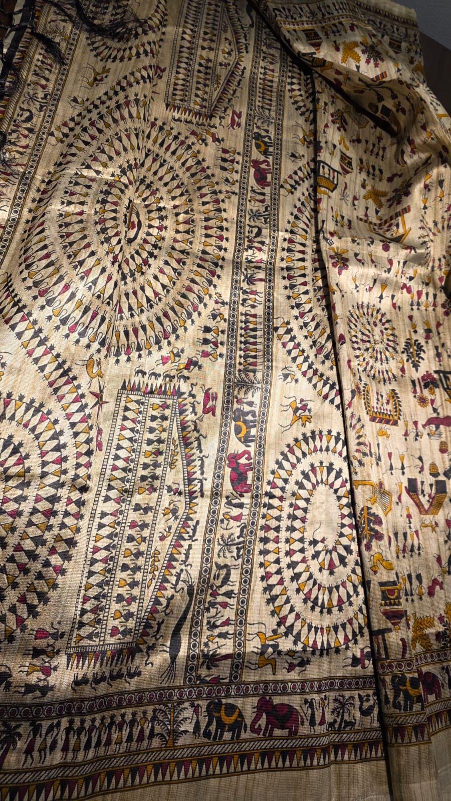 Soft Silk Saree with Madhubani Print | Beige, Blue, Green Ethnic Motifs | Indian Wear Blouse