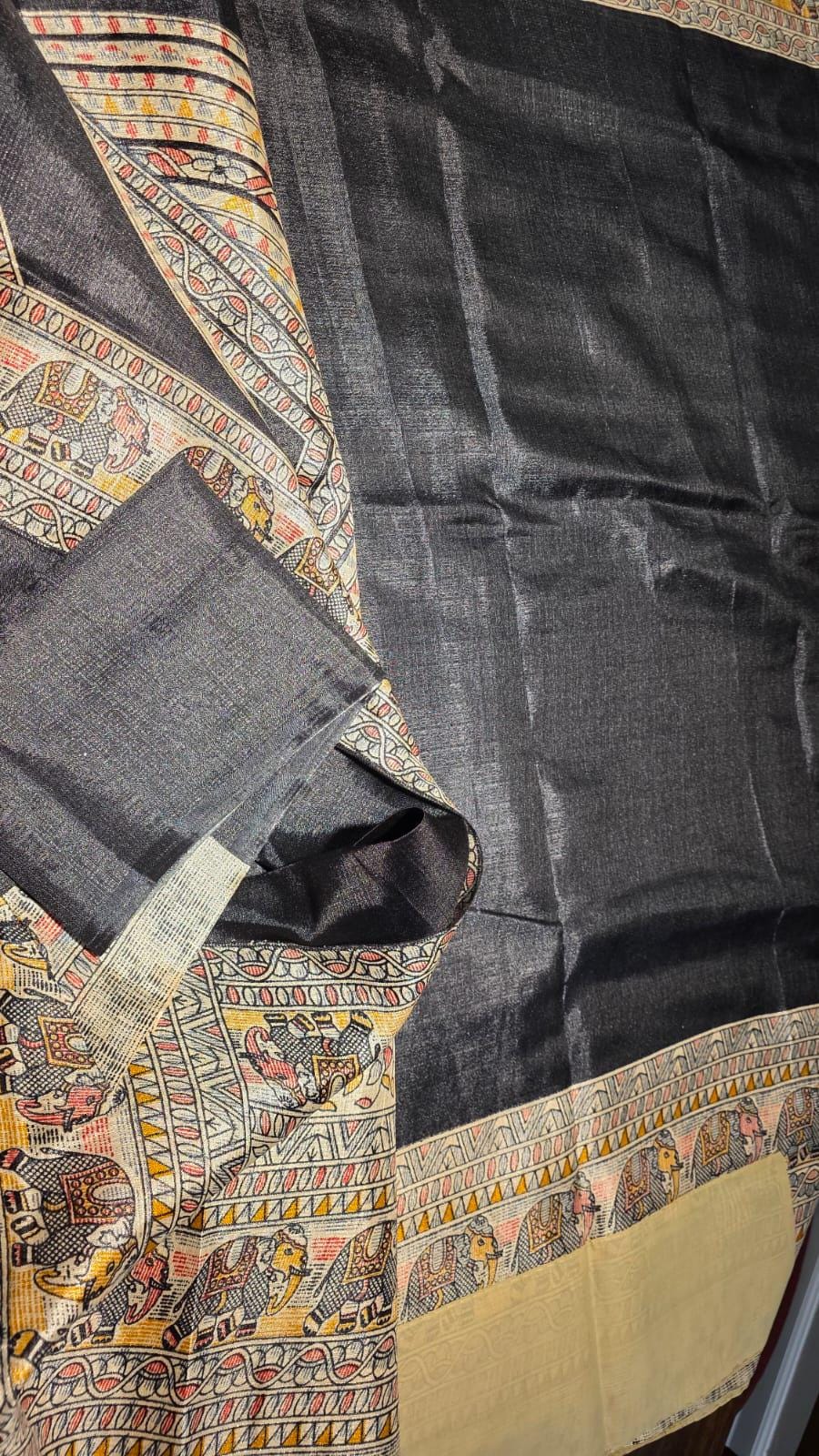 Black Madhubani Elephant Saree | Handcrafted Indian Traditional Art Saree