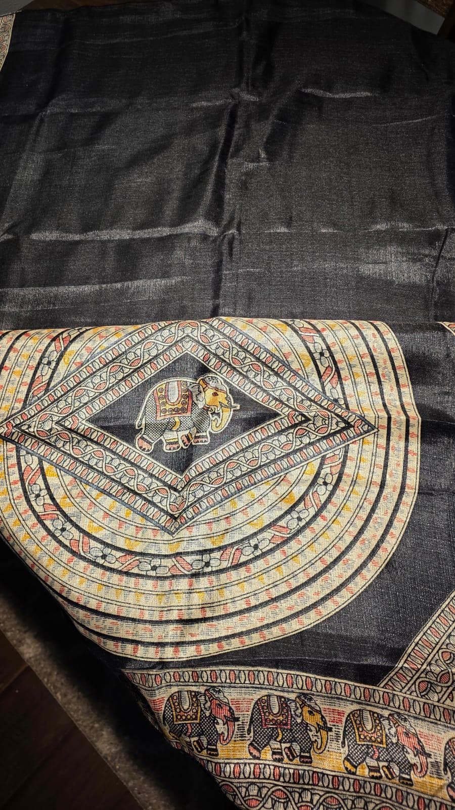 Black Madhubani Elephant Saree | Handcrafted Indian Traditional Art Saree