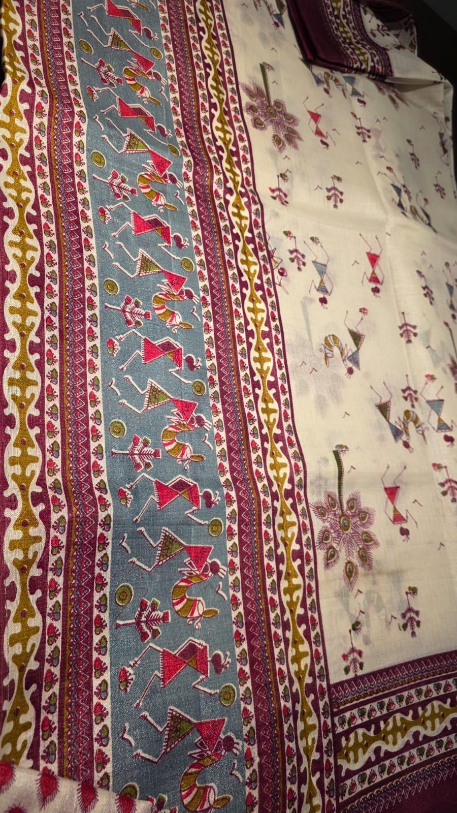 Off-White Warli Art Saree | Tribal Folk Indian Festival Wear