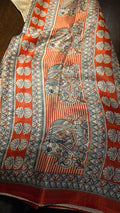Handblock Printed Silk Saree | Elephant Motifs, Madhubani Inspired, Beige Rust Orange