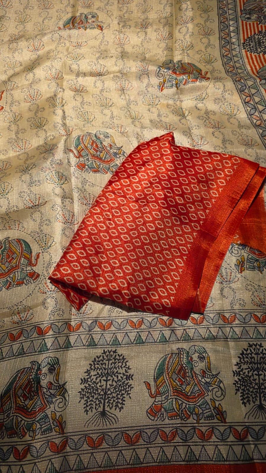 Handblock Printed Silk Saree | Elephant Motifs, Madhubani Inspired, Beige Rust Orange