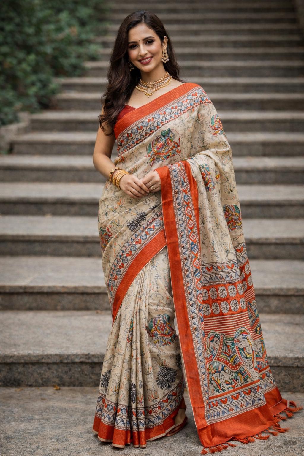 Handblock Printed Silk Saree | Elephant Motifs, Madhubani Inspired, Beige Rust Orange
