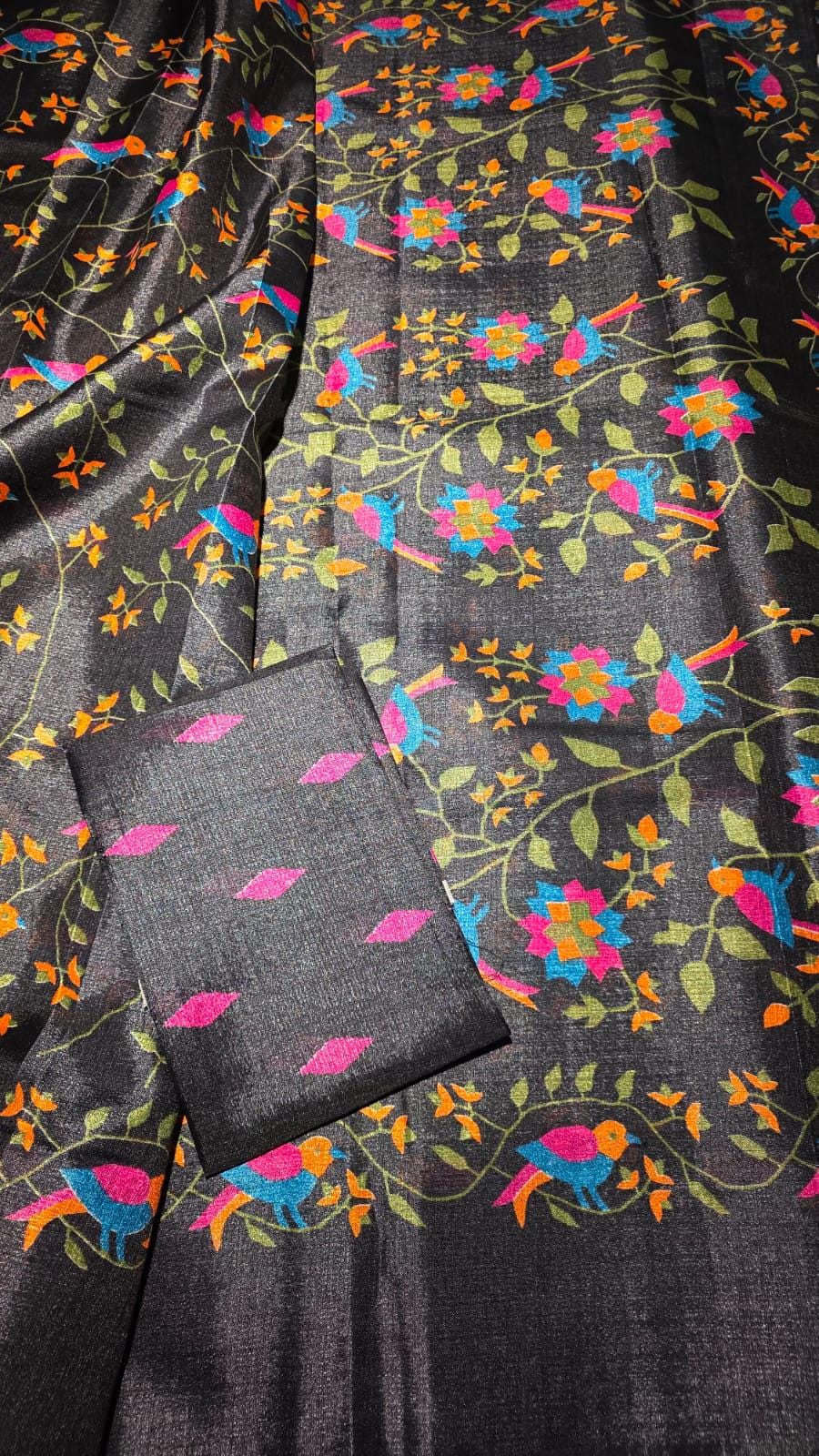 Black Viscose Saree | Colorful Bird Floral Vine Print, Indian Handloom (Blouse Piece Included)