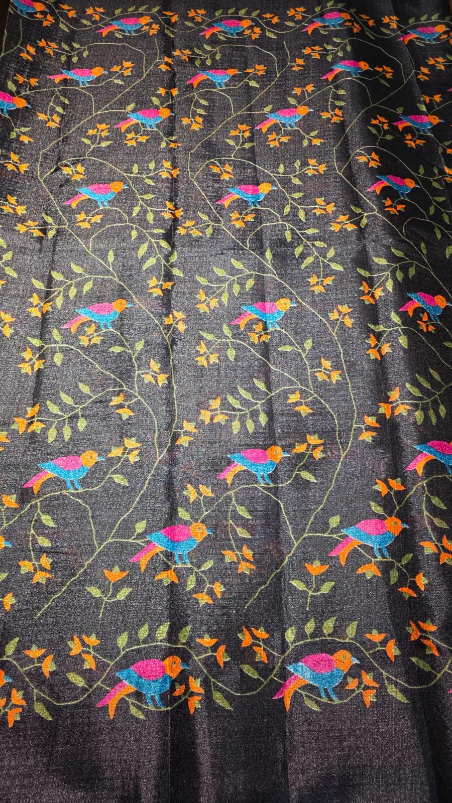 Black Viscose Saree | Colorful Bird Floral Vine Print, Indian Handloom (Blouse Piece Included)