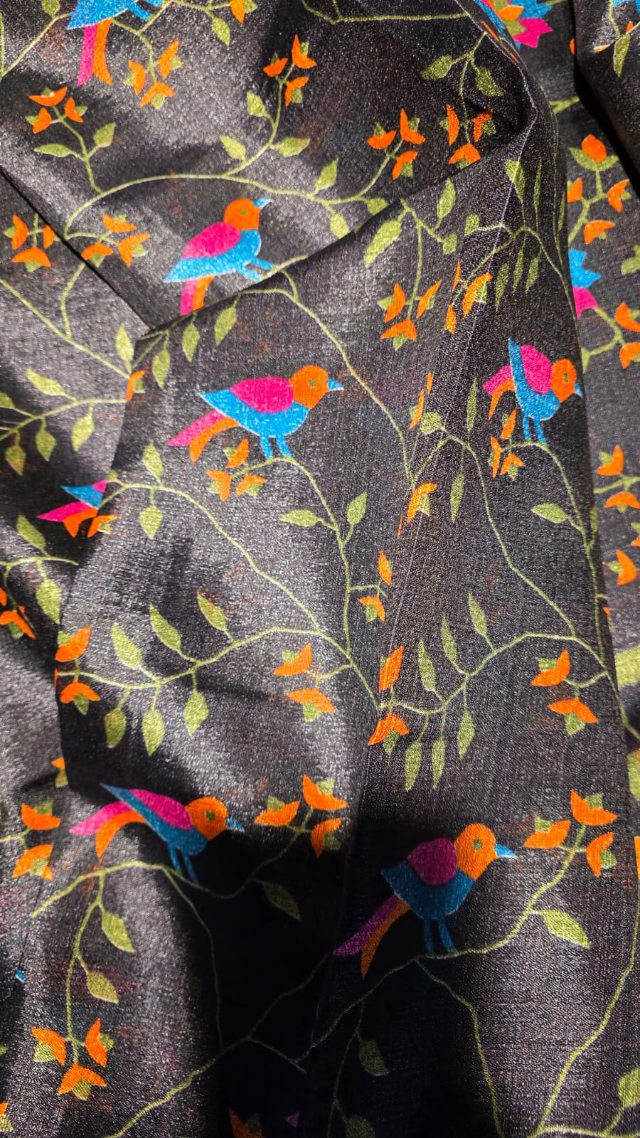 Black Viscose Saree | Colorful Bird Floral Vine Print, Indian Handloom (Blouse Piece Included)