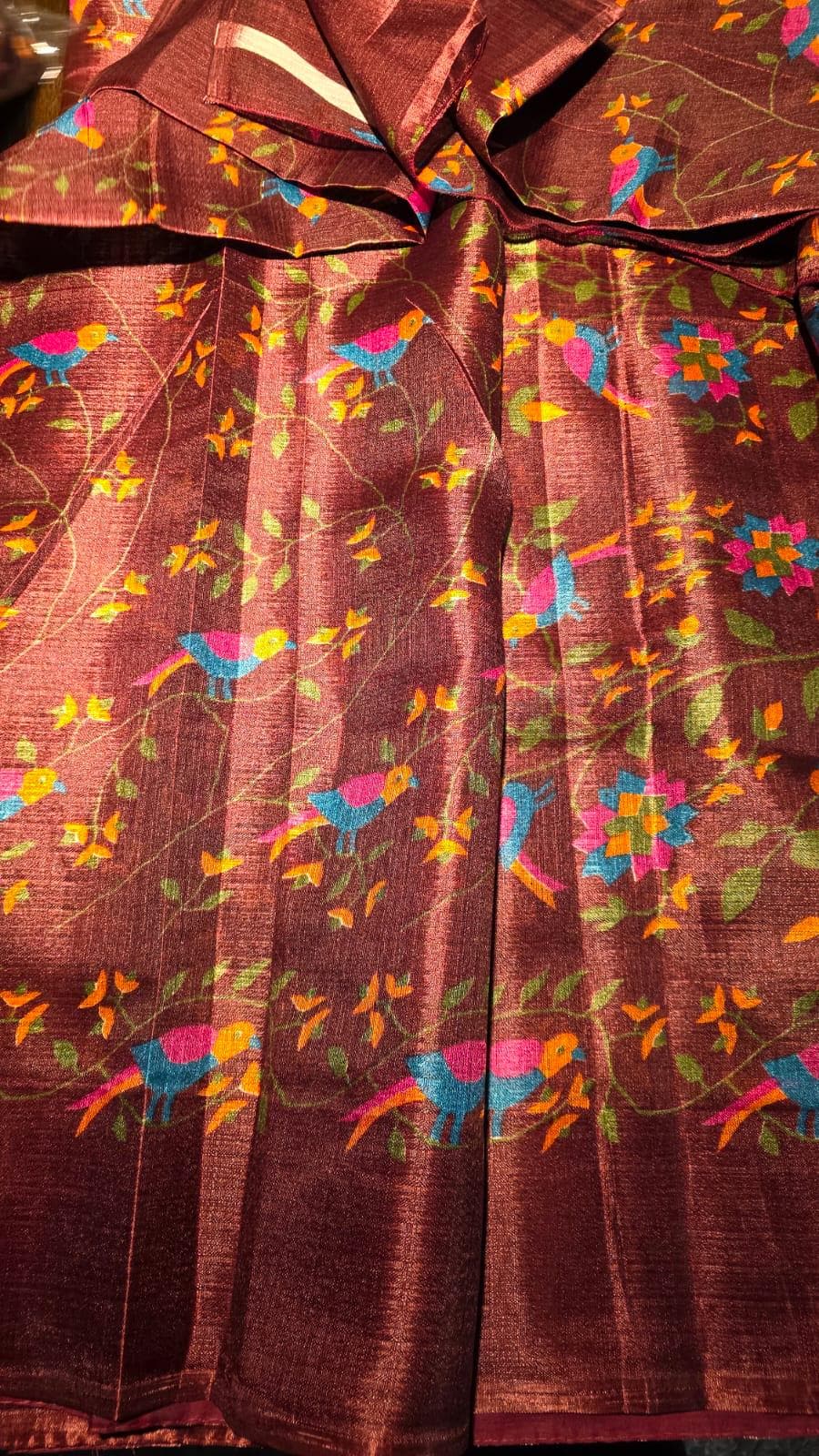 Purple Bird Print Viscose Saree | Colorful Floral Vine Indian Handloom (Includes Blouse Piece)