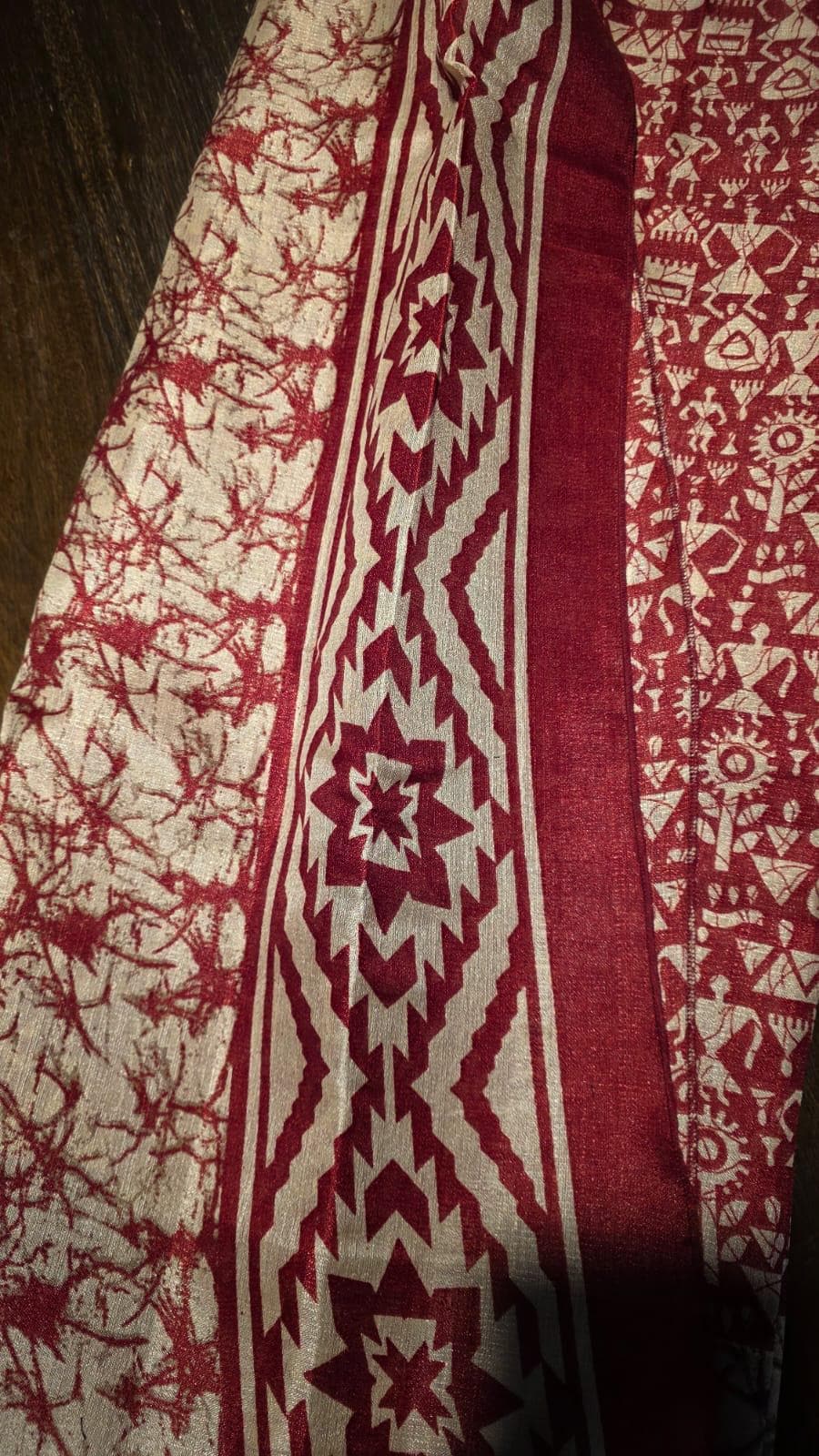 Red Warli Print Silk Saree | Tribal Art Festive Indian Ethnic Wear