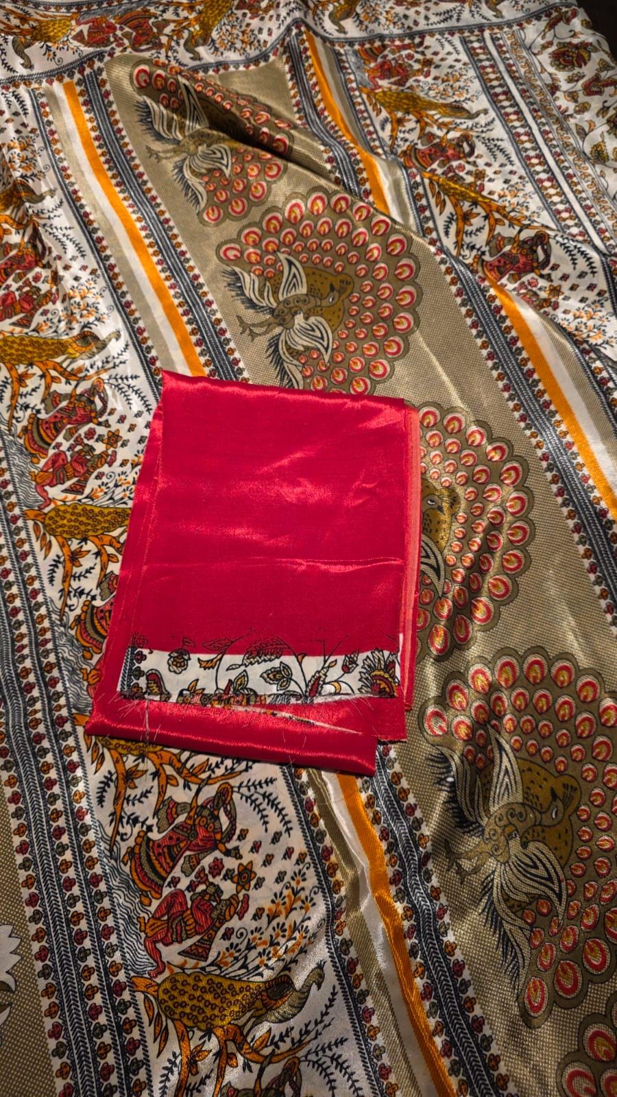 Cream Folk Art Peacock Saree | Kalamkari Style Indian Traditional Print with Blouse Piece